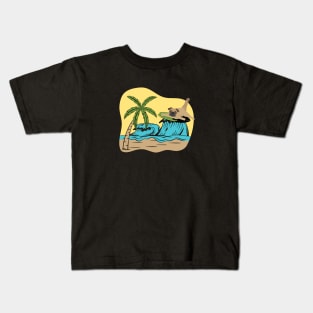 Pug Dog Surfing on the Sea Wave on the Summer Beach Kids T-Shirt